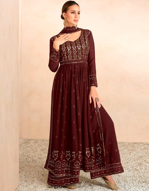 Chocolate Palazzo style Salwar Kameez Semi-Stitched Salwar Kameez Salwar Kameez in Embroidered, Beeds & Lace Work