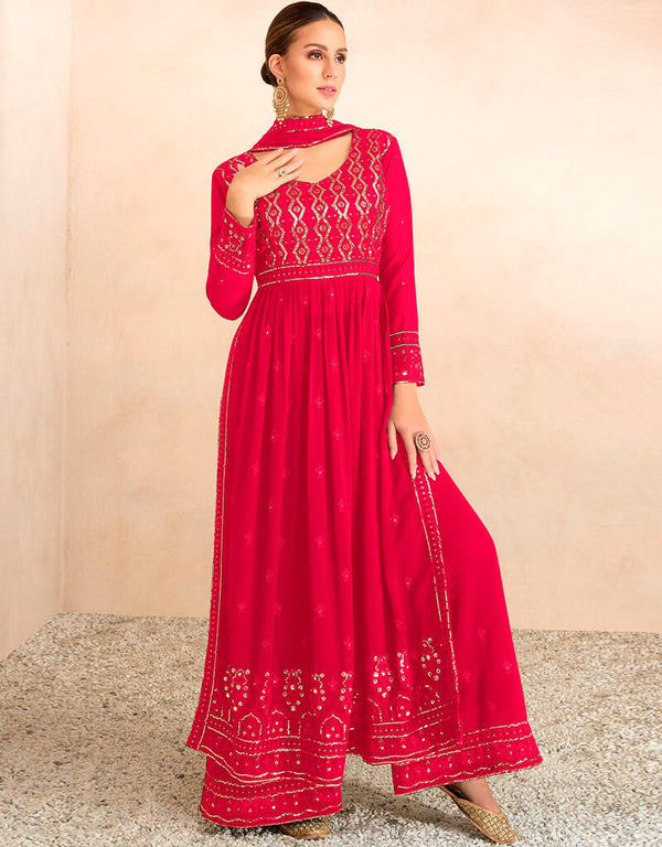 Rich Carmine Palazzo style Salwar Kameez Semi-Stitched Salwar Kameez Salwar Kameez in Embroidered, Beeds & Lace Work