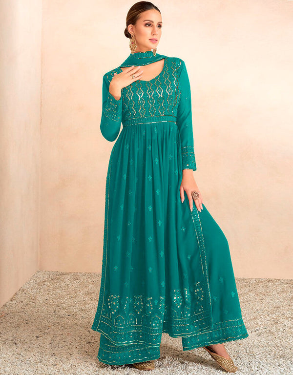 Pine Green Palazzo style Salwar Kameez Semi-Stitched Salwar Kameez Salwar Kameez in Embroidered, Beeds & Lace Work