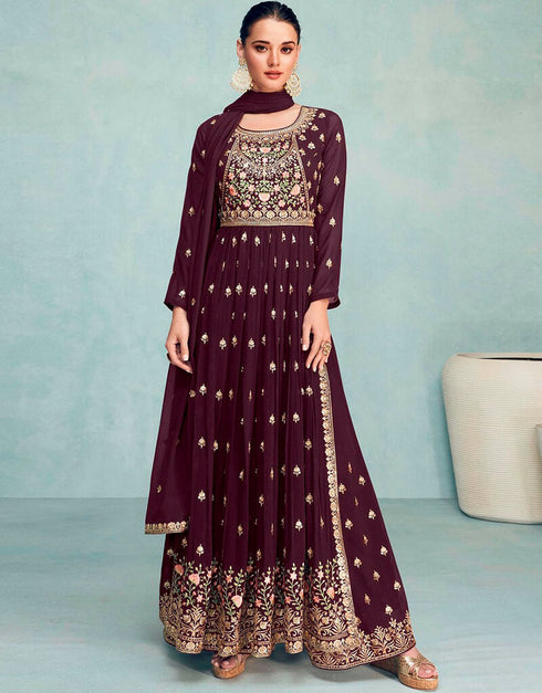 Cocoa Bean Suit style Gown Semi-Stitched Salwar Kameez Salwar Kameez in Embroidery, Sequins & Lace Work