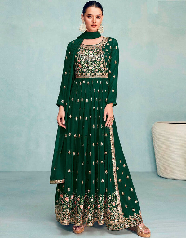 Phthalo Green Suit style Gown Semi-Stitched Salwar Kameez Salwar Kameez in Embroidery, Sequins & Lace Work