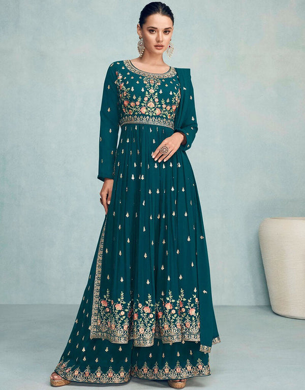 Sherpa Blue Palazzo style Suit Semi-Stitched Salwar Kameez Salwar Kameez in Embroidery, Sequins & Lace Work