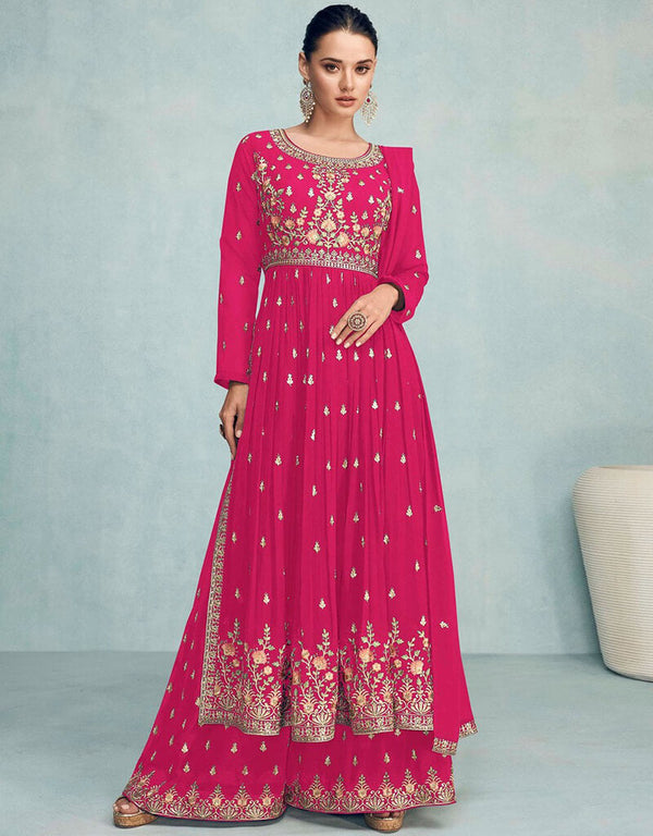 Bright Maroon Palazzo style Suit Semi-Stitched Salwar Kameez Salwar Kameez in Embroidery, Sequins & Lace Work
