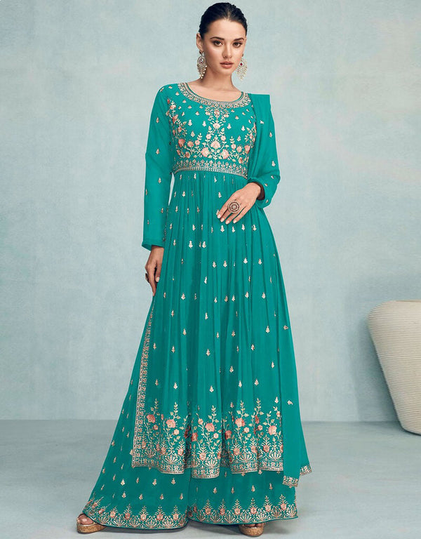 Dark Cyan Palazzo style Suit Semi-Stitched Salwar Kameez Salwar Kameez in Embroidery, Sequins & Lace Work