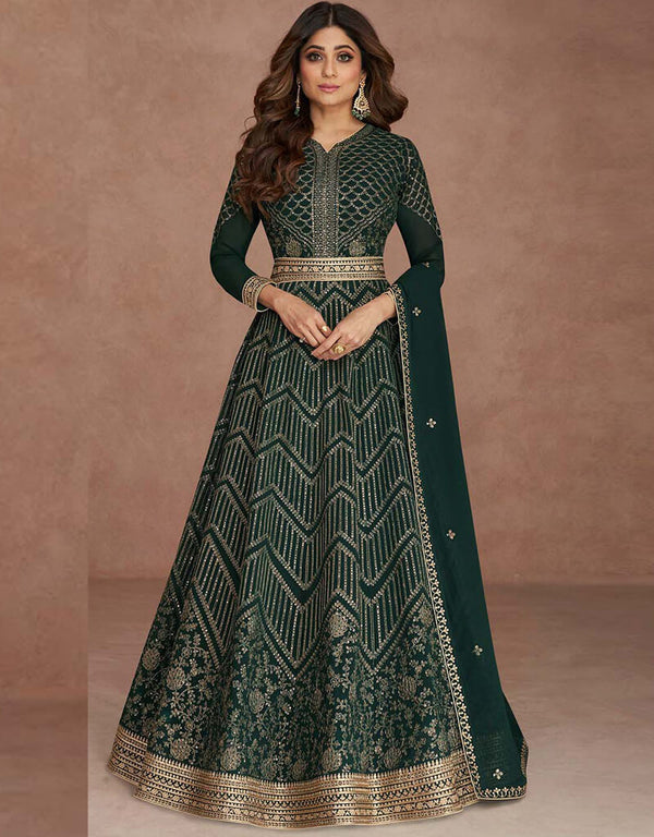 Dark Jungle Green Anarkali style Anarkali Semi-Stitched Salwar Kameez Salwar Kameez in Embroidered, Beeds & Lace Work