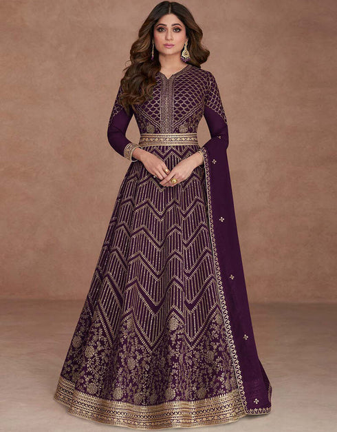 Eggplant Anarkali style Anarkali Semi-Stitched Salwar Kameez Salwar Kameez in Embroidered, Beeds & Lace Work