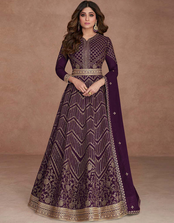 Eggplant Anarkali style Anarkali Semi-Stitched Salwar Kameez Salwar Kameez in Embroidered, Beeds & Lace Work