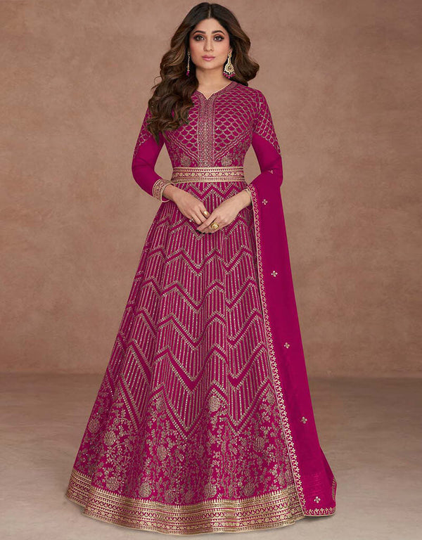Mulberry Anarkali style Anarkali Semi-Stitched Salwar Kameez Salwar Kameez in Embroidered, Beeds & Lace Work