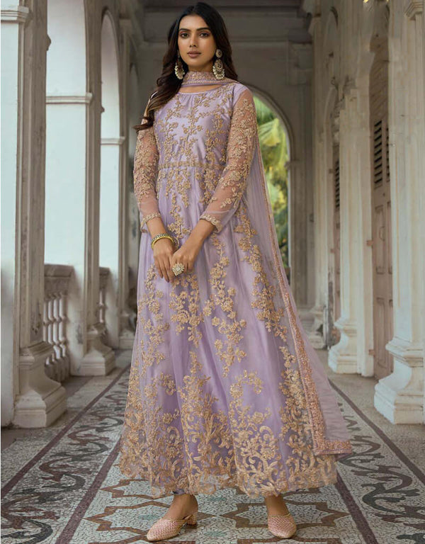 Rose Quartz Anarkali style Anarkali Semi-Stitched Salwar Kameez Salwar Kameez in Cording Embroidery, Sequins & Lace Work