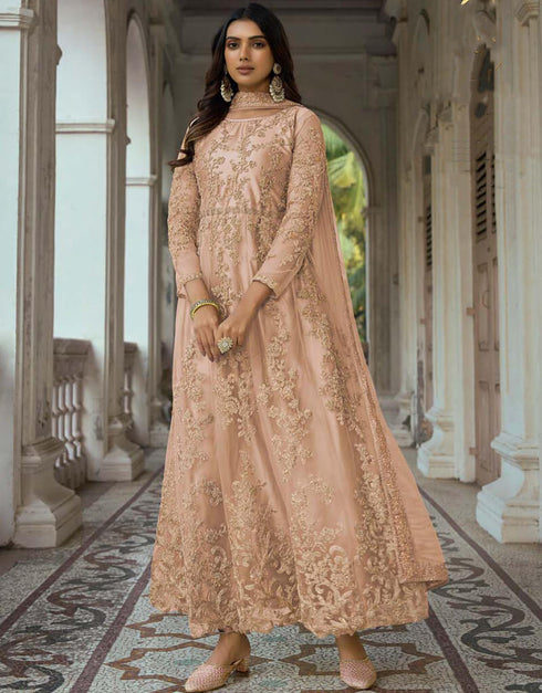 Mushroom Anarkali style Anarkali Semi-Stitched Salwar Kameez Salwar Kameez in Cording Embroidery, Sequins & Lace Work