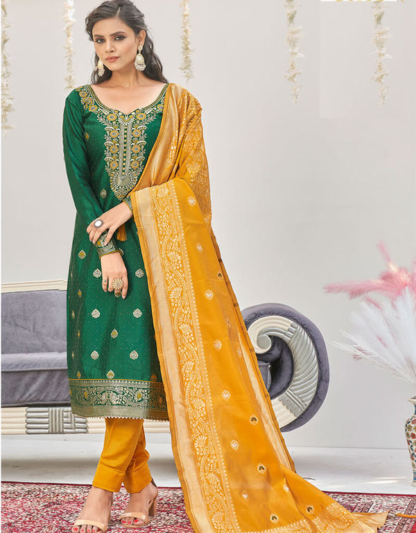 Banarasi Jacquard Green Salwar Kameez Suit Pant Bottom