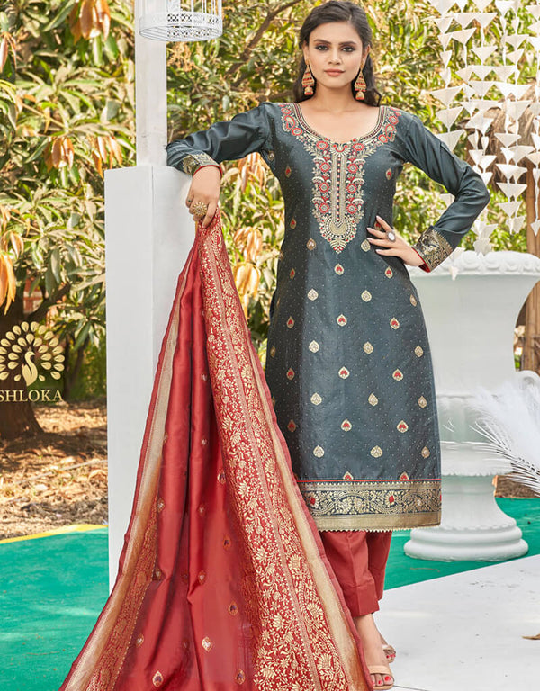 Banarasi Jacquard Dark Grey Salwar Kameez Suit Pant Bottom