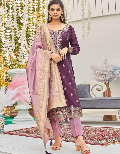 Banarasi Jacquard Wine Salwar Kameez Suit Pant Bottom