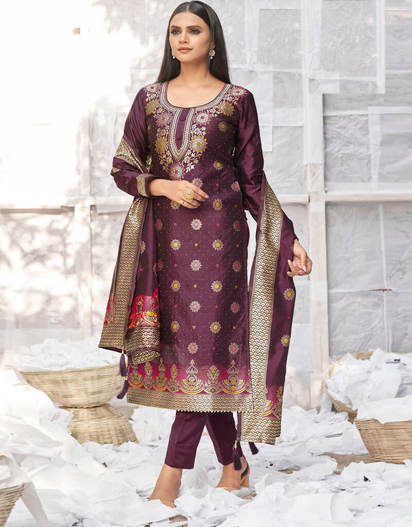 Banarasi Jacquard Wine Salwar Kameez Suit Chudidar Bottom