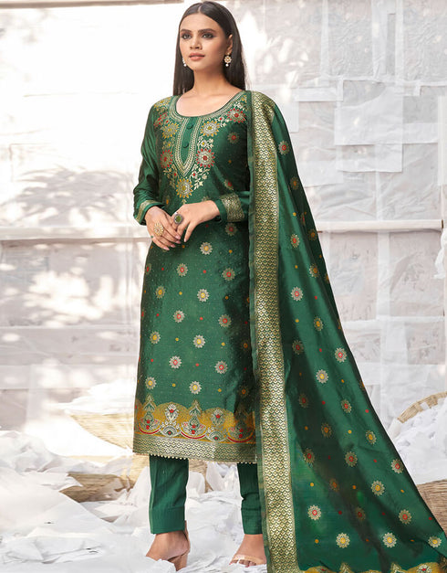 Banarasi Jacquard Green Salwar Kameez Suit Chudidar Bottom