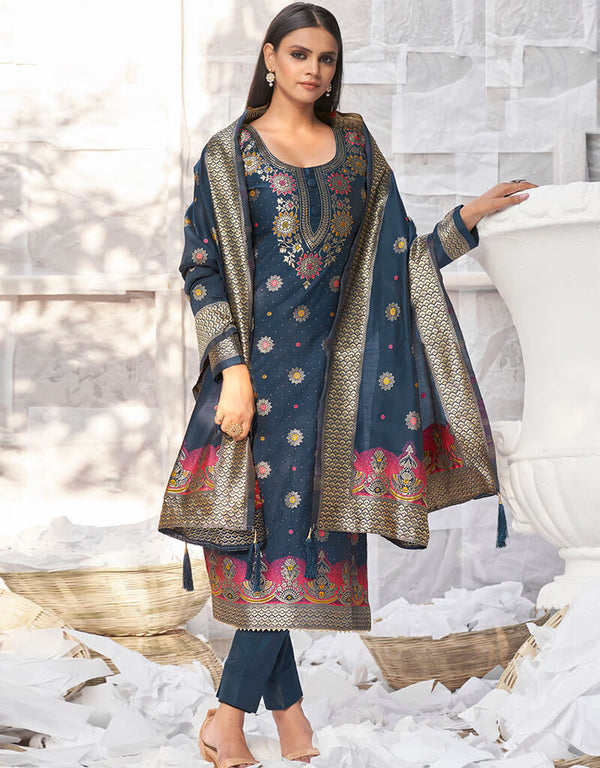 Banarasi Jacquard Blue Salwar Kameez Suit Chudidar Bottom
