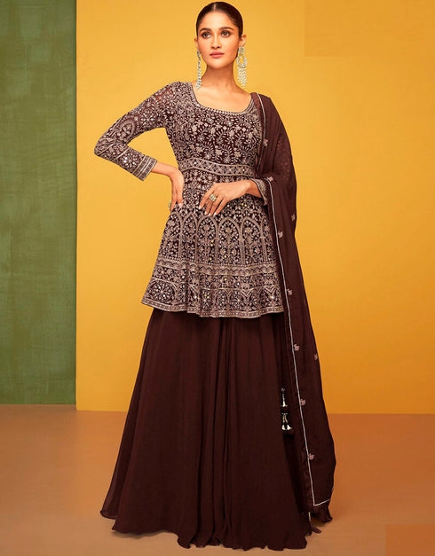 Seal Brown Palazzo style Suit Semi-Stitched Salwar Kameez Salwar Kameez in Embroidered, Beeds & Lace Work