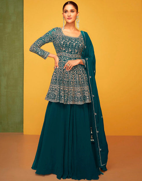 Firefly Palazzo style Suit Semi-Stitched Salwar Kameez Salwar Kameez in Embroidered, Beeds & Lace Work