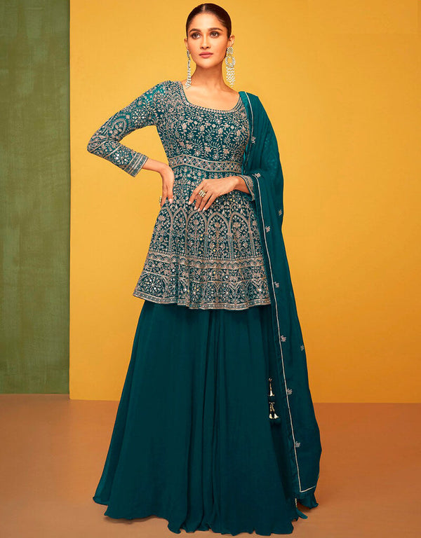 Firefly Palazzo style Suit Semi-Stitched Salwar Kameez Salwar Kameez in Embroidered, Beeds & Lace Work