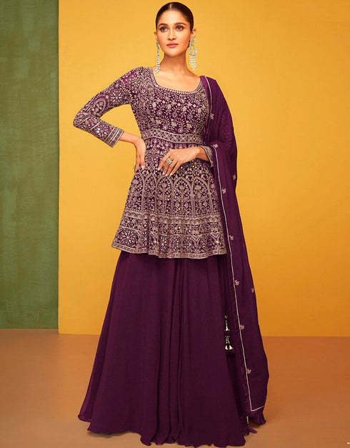 Eggplant Palazzo style Suit Semi-Stitched Salwar Kameez Salwar Kameez in Embroidered, Beeds & Lace Work