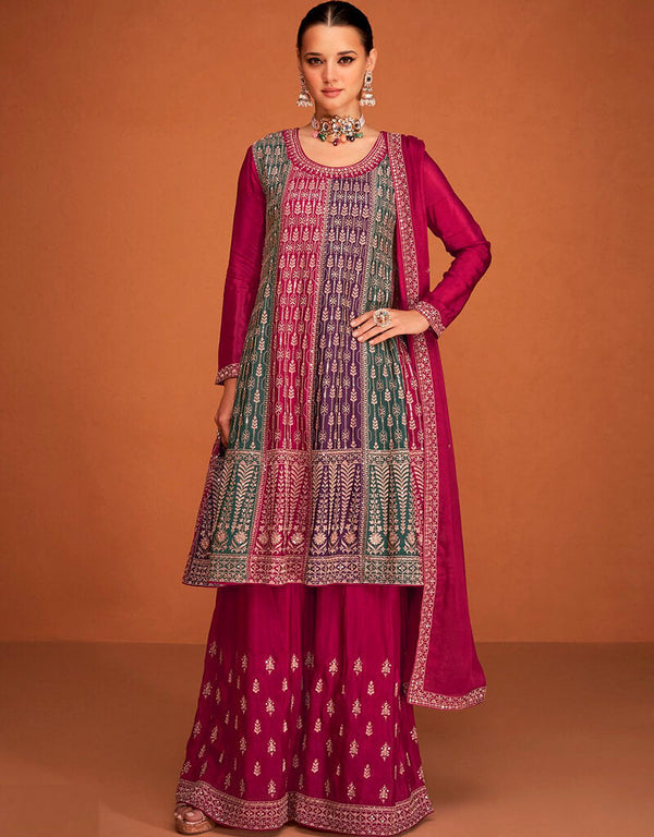 Purplish Red Palazzo style Suit Semi-Stitched Salwar Kameez Salwar Kameez in Cording Embroidery, Sequins & Lace Work