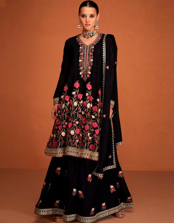 Smoky Black Palazzo style Suit Semi-Stitched Salwar Kameez Salwar Kameez in Cording Embroidery, Sequins & Lace Work
