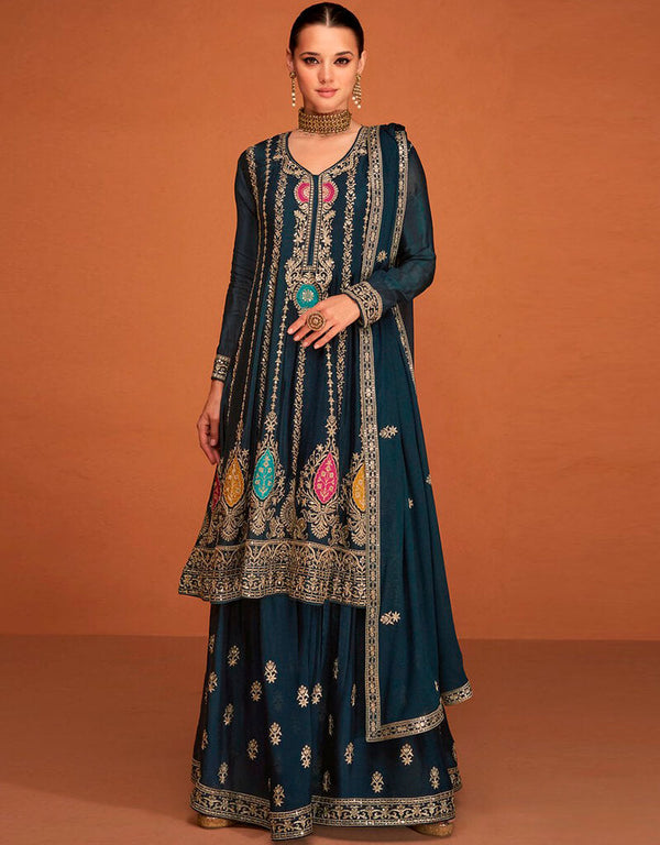 Gable Green Palazzo style Suit Semi-Stitched Salwar Kameez Salwar Kameez in Cording Embroidery, Sequins & Lace Work