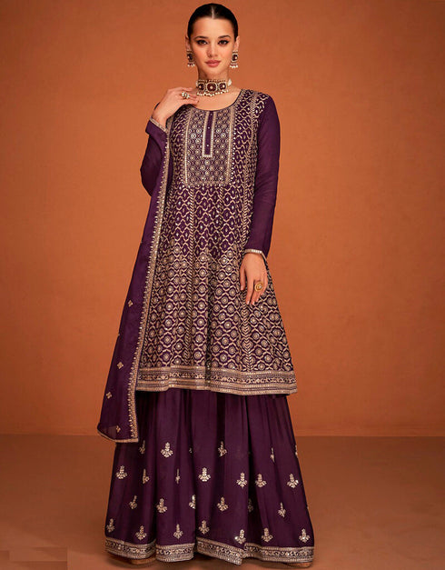 Dark Sienna Palazzo style Suit Semi-Stitched Salwar Kameez Salwar Kameez in Cording Embroidery, Sequins & Lace Work