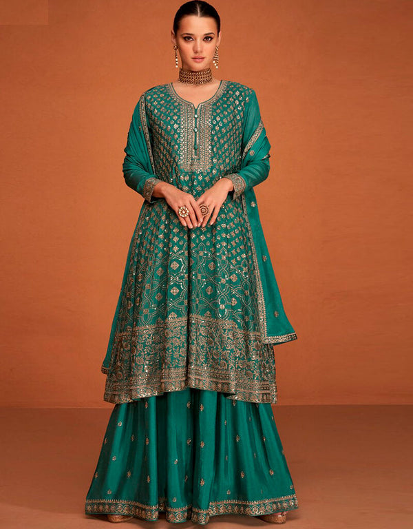 Sherwood Green Palazzo style Suit Semi-Stitched Salwar Kameez Salwar Kameez in Cording Embroidery, Sequins & Lace Work