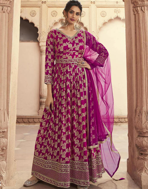 Mulberry Wood Anarkali style Anarkali Semi-Stitched Salwar Kameez Salwar Kameez in Zari Embroidery, Jacquard Print & Lace Work