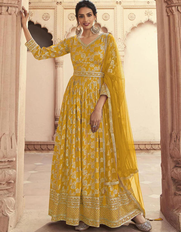 Bourbon Anarkali style Anarkali Semi-Stitched Salwar Kameez Salwar Kameez in Zari Embroidery, Jacquard Print & Lace Work