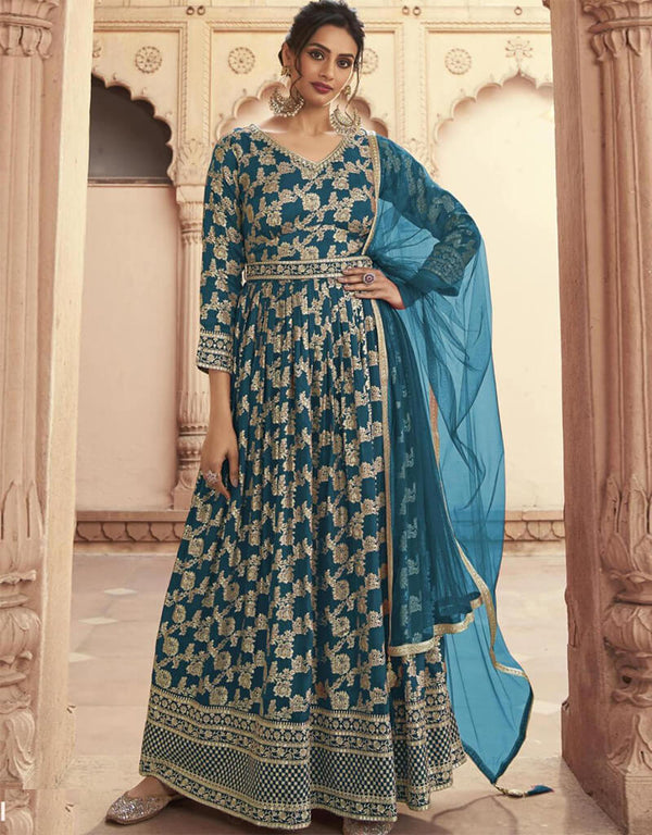 Casal Anarkali style Anarkali Semi-Stitched Salwar Kameez Salwar Kameez in Zari Embroidery, Jacquard Print & Lace Work