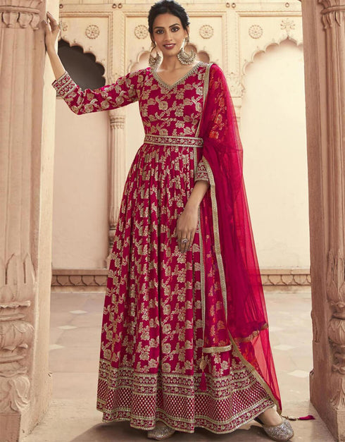 Paprika Anarkali style Anarkali Semi-Stitched Salwar Kameez Salwar Kameez in Zari Embroidery, Jacquard Print & Lace Work