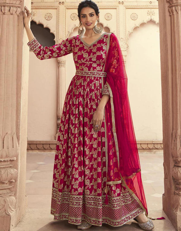 Paprika Anarkali style Anarkali Semi-Stitched Salwar Kameez Salwar Kameez in Zari Embroidery, Jacquard Print & Lace Work