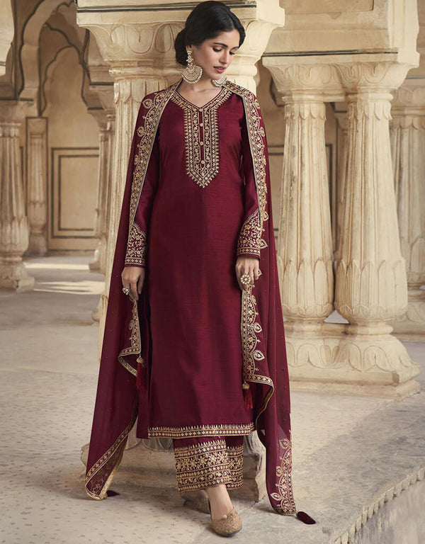 Wine Berry Pant style Suit Dola Silk Salwar Kameez in Embroidery, Stone & Lace Work
