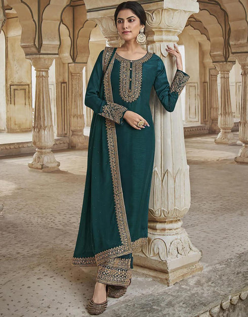 Dark Blue Grey Pant style Suit Dola Silk Salwar Kameez in Embroidery, Stone & Lace Work