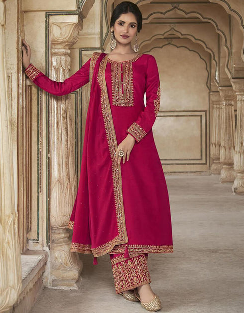 Paprika Pant style Suit Dola Silk Salwar Kameez in Embroidery, Stone & Lace Work