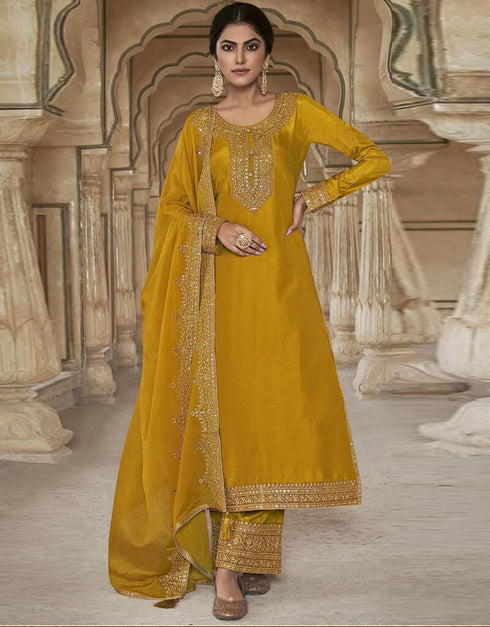 Dark Goldenrod Pant style Suit Dola Silk Salwar Kameez in Embroidery, Stone & Lace Work