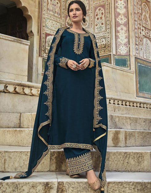 Firefly Pant style Suit Dola Silk Salwar Kameez in Embroidery, Stone & Lace Work