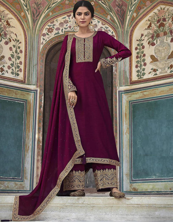 Blackberry Pant style Suit Dola Silk Salwar Kameez in Embroidery, Stone & Lace Work
