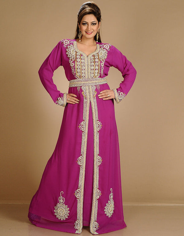 Muslimah Fuchsia Pink Georgette Hand Embroidery Party Wear Kaftan