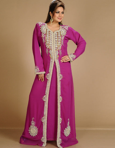 Muslimah Fuchsia Pink Georgette Hand Embroidery Party Wear Kaftan