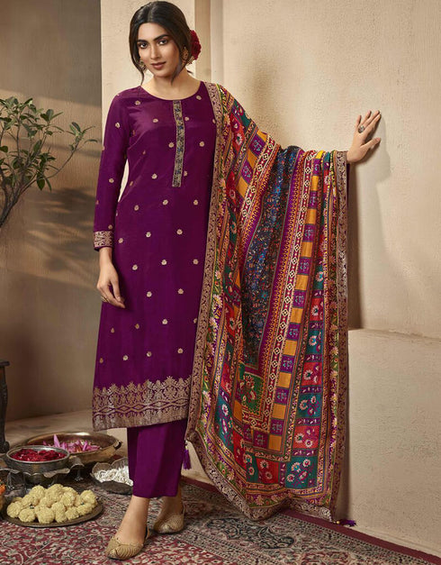 Mulberry Wood Pant style Suits Dola Jacquard Salwar Kameez in Jacquard Print, Hand Work & Lace Work