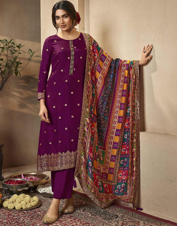 Mulberry Wood Pant style Suits Dola Jacquard Salwar Kameez in Jacquard Print, Hand Work & Lace Work
