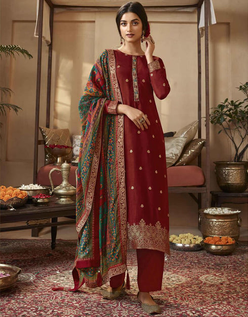 Cherrywood Pant style Suits Dola Jacquard Salwar Kameez in Jacquard Print, Hand Work & Lace Work