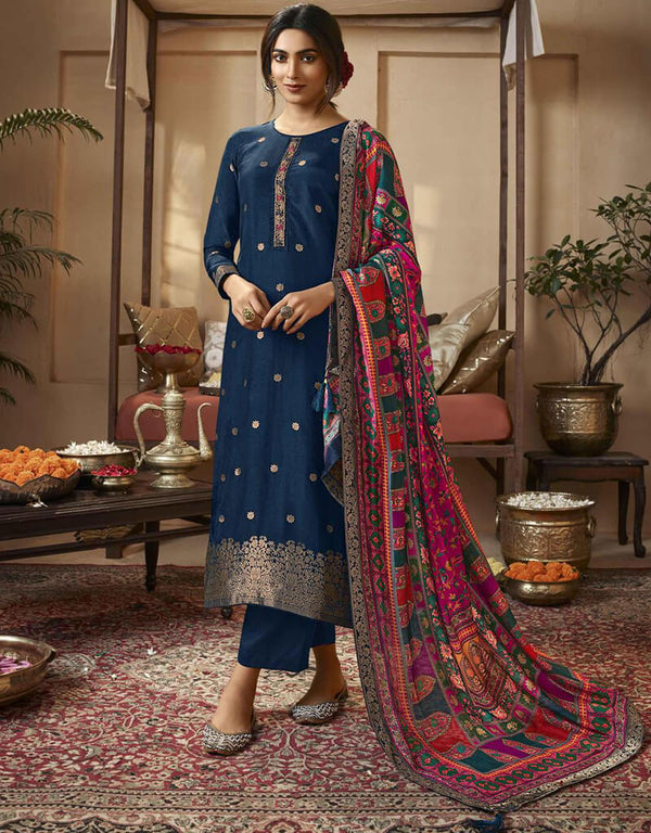 Blue Zodiac Pant style Suits Dola Jacquard Salwar Kameez in Jacquard Print, Hand Work & Lace Work