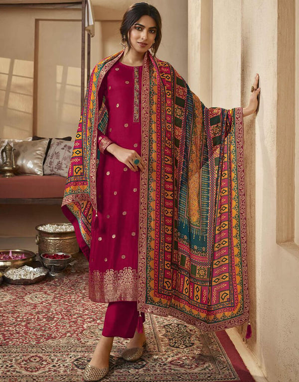 Purple Red Pant style Suits Dola Jacquard Salwar Kameez in Jacquard Print, Hand Work & Lace Work
