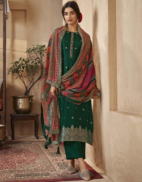 Phthalo Green Pant style Suits Dola Jacquard Salwar Kameez in Jacquard Print, Hand Work & Lace Work
