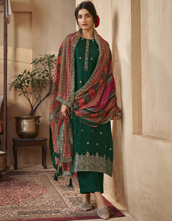 Phthalo Green Pant style Suits Dola Jacquard Salwar Kameez in Jacquard Print, Hand Work & Lace Work
