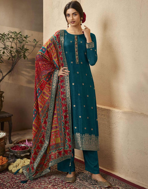 Blue Whale Pant style Suits Dola Jacquard Salwar Kameez in Jacquard Print, Hand Work & Lace Work